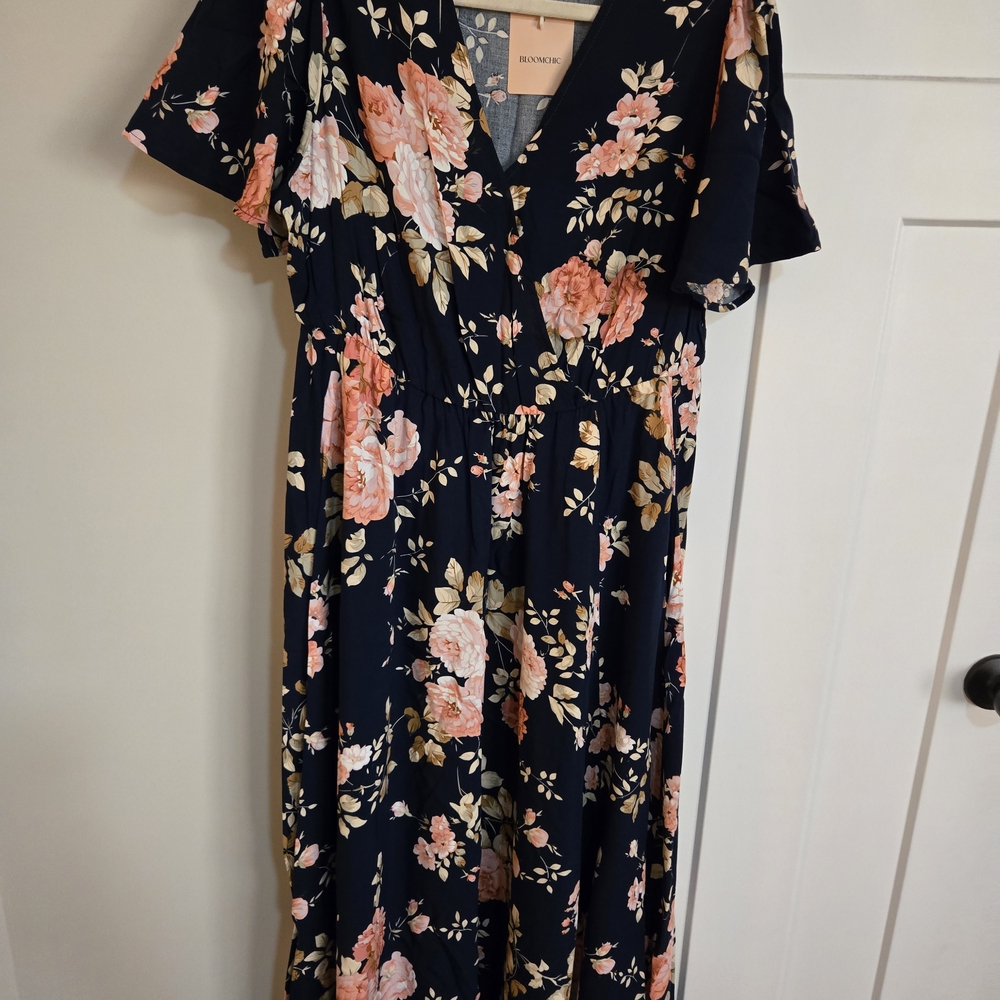 BloomChic Navy Maxi Dress with Pink and Gold Floral Pattern